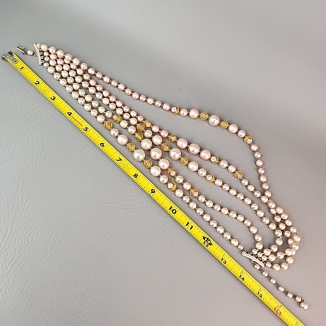 Vintage Faux Pearl Beaded Necklace Cream Pink Acrylic AB Yellow Glass Japan 16″