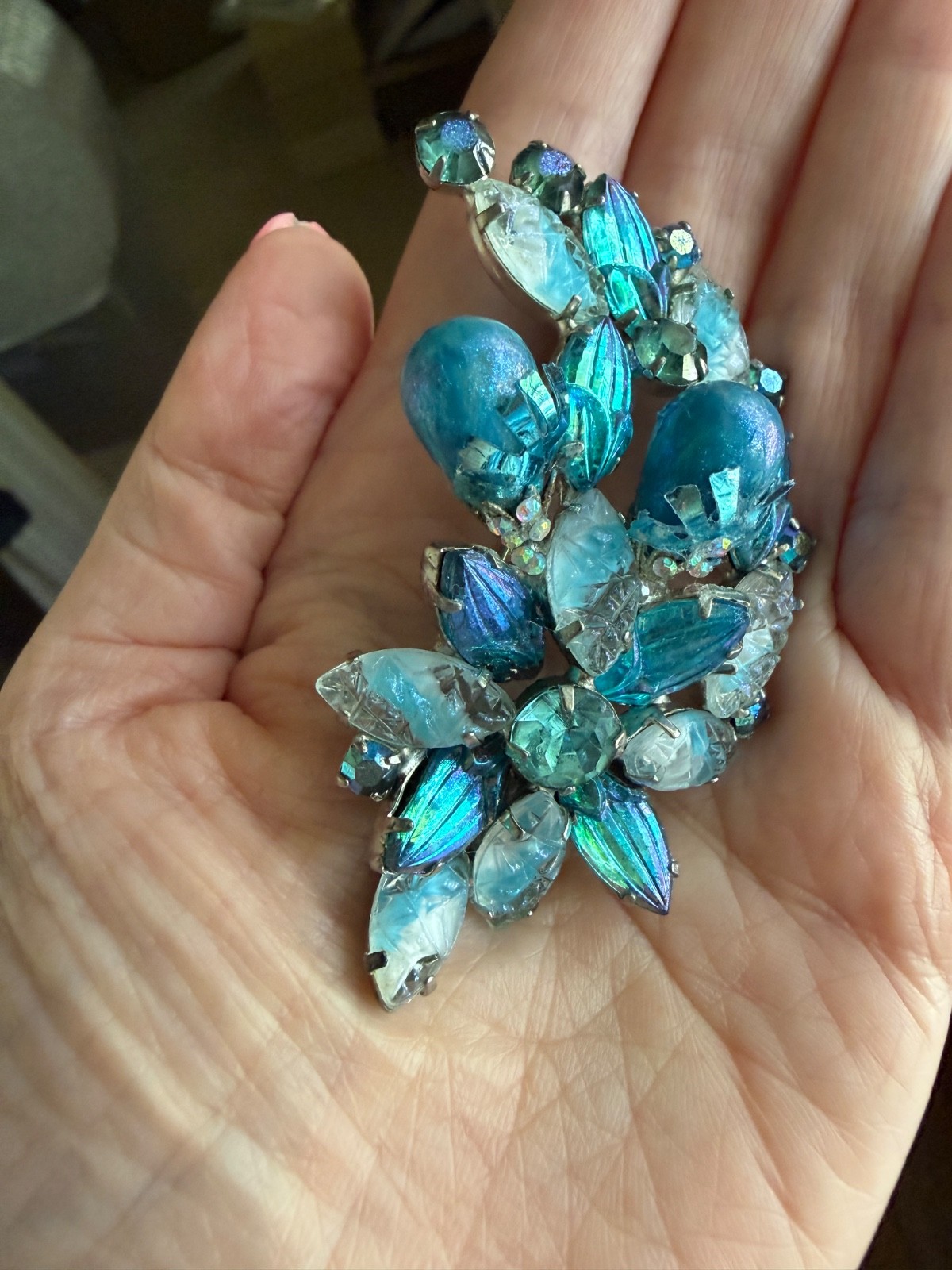 Vintage High End Brooch blue givre glass 3D molded iridescent rhinestones Floral