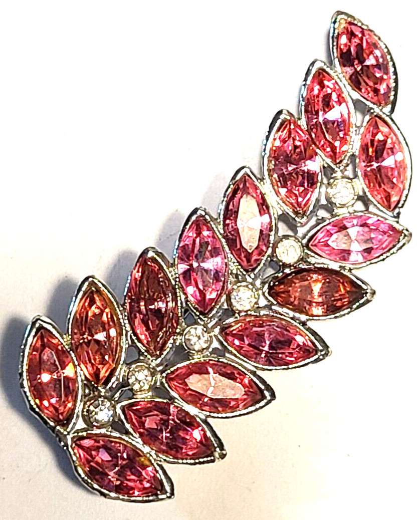 VINTAGE STUNNING PINK GLASS CLEAR CRYSTAL FLORAL PIN BROOCH