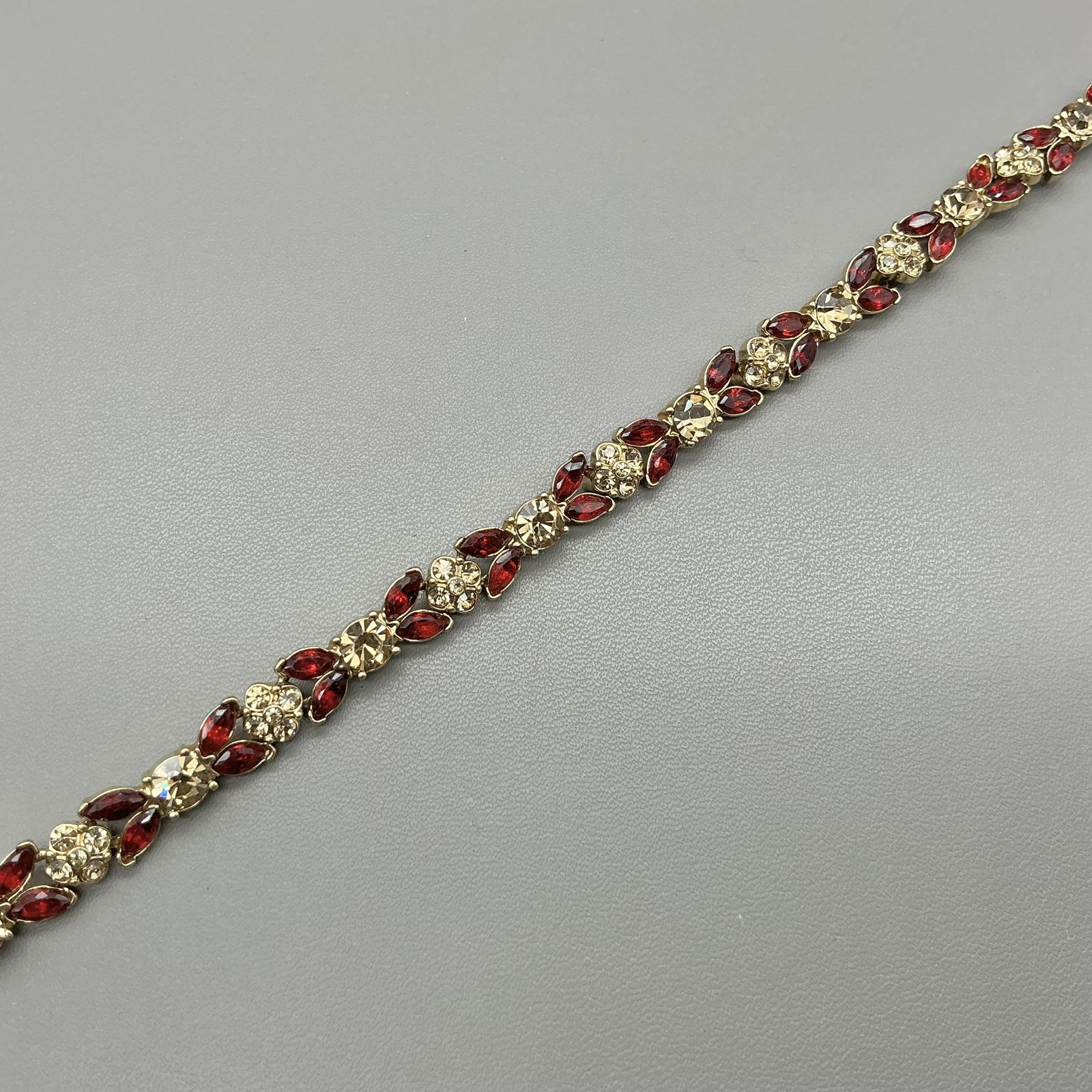 Vintage Monet Bracelet Red Clear Rhinestone Tennis Gold Tone Womens Jewelry