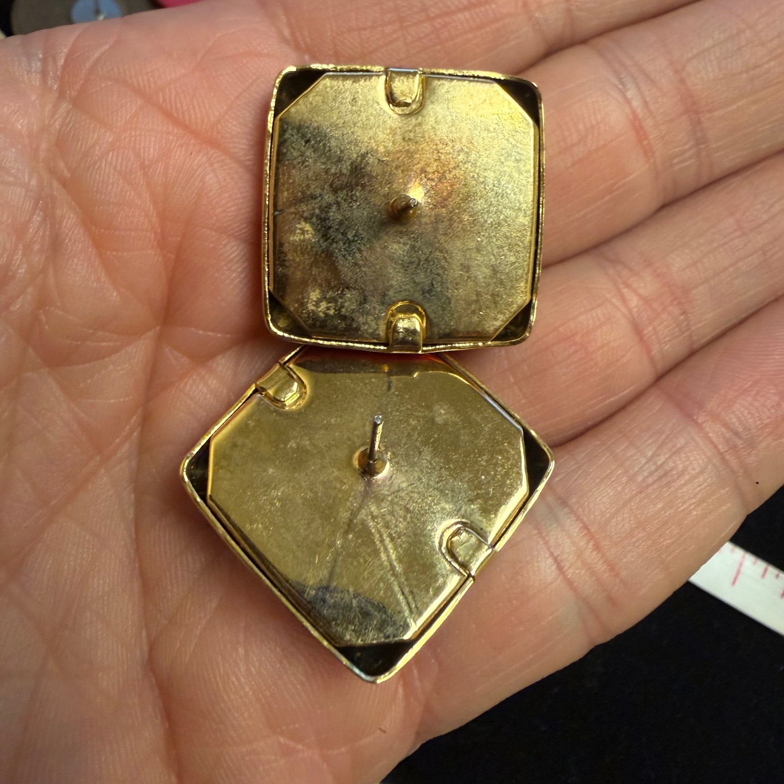 Vintage Red Gold Filigree Marbled Resin Square Stud Statement Earrings 1 Inch