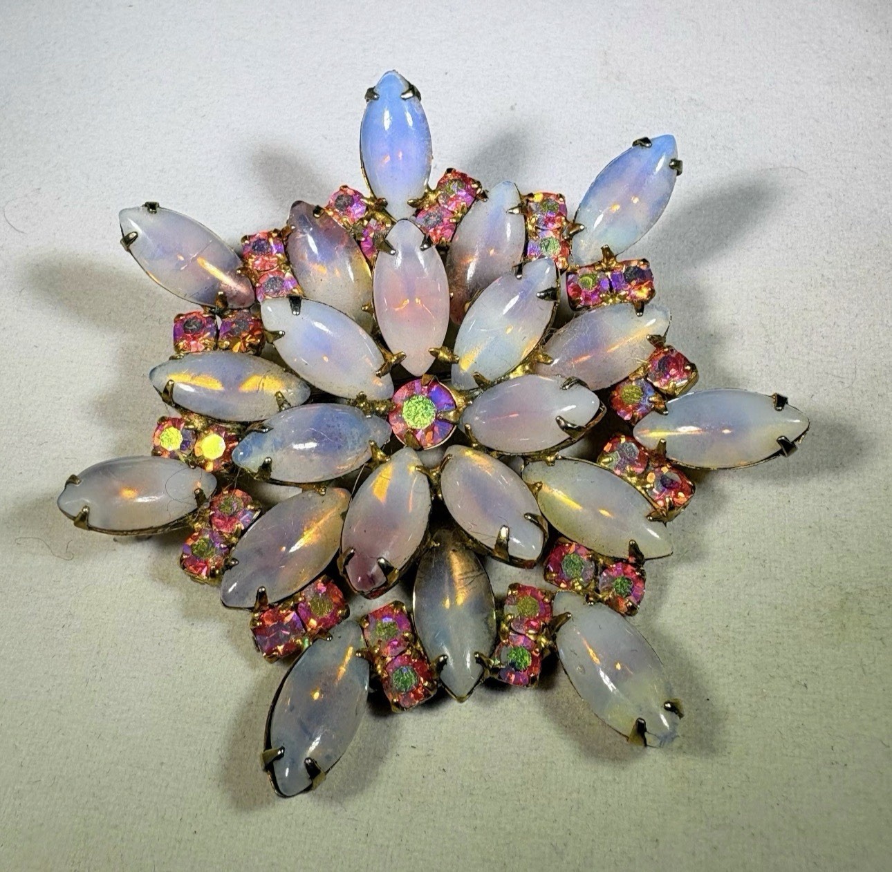 Vintage Juliana D&E Pink Moonstone Aurora Borealis Starburst Brooch Earrings Set