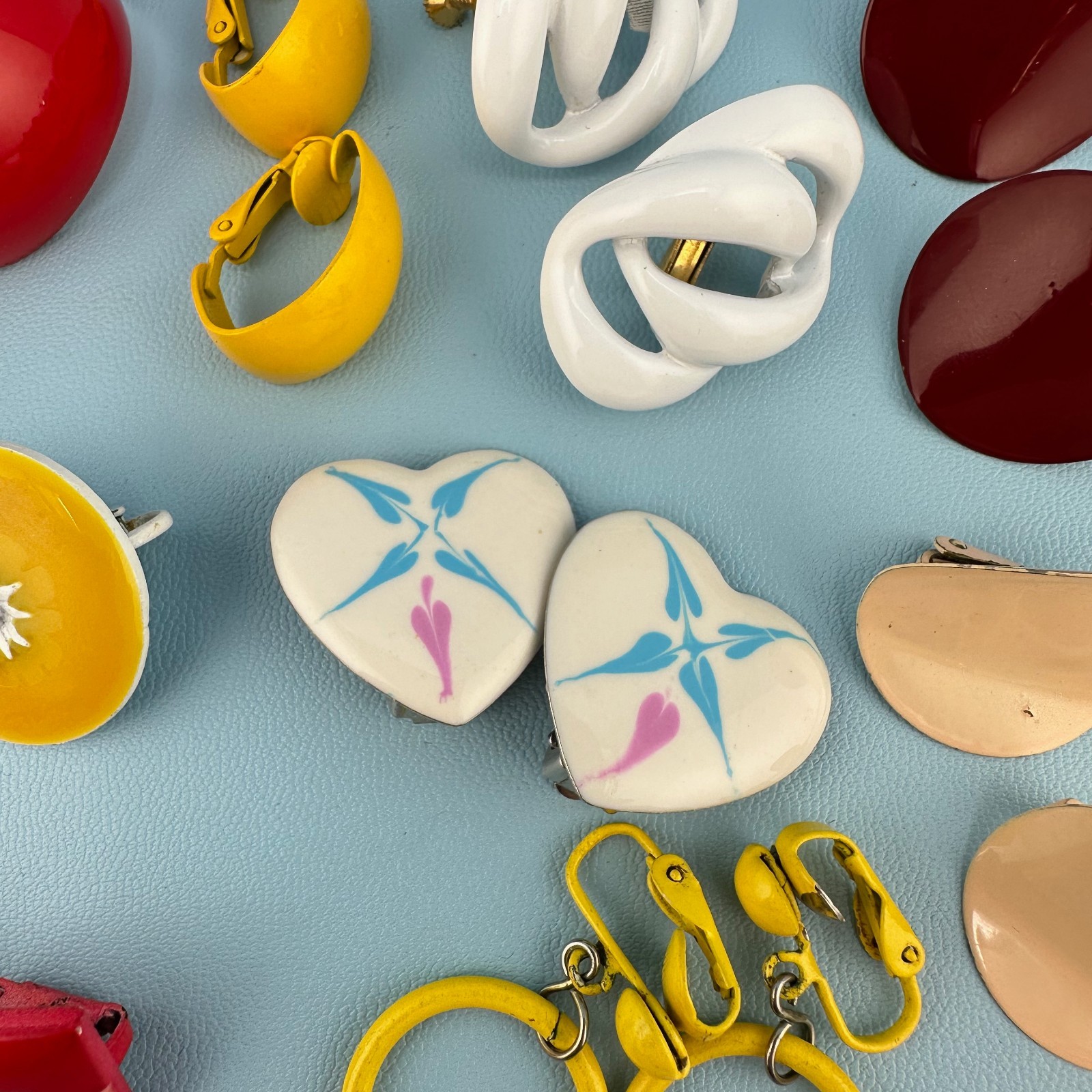 Vintage Enamel Metal Earrings Lot Clip On Bright Colorful 1980s Retro Pop MOD