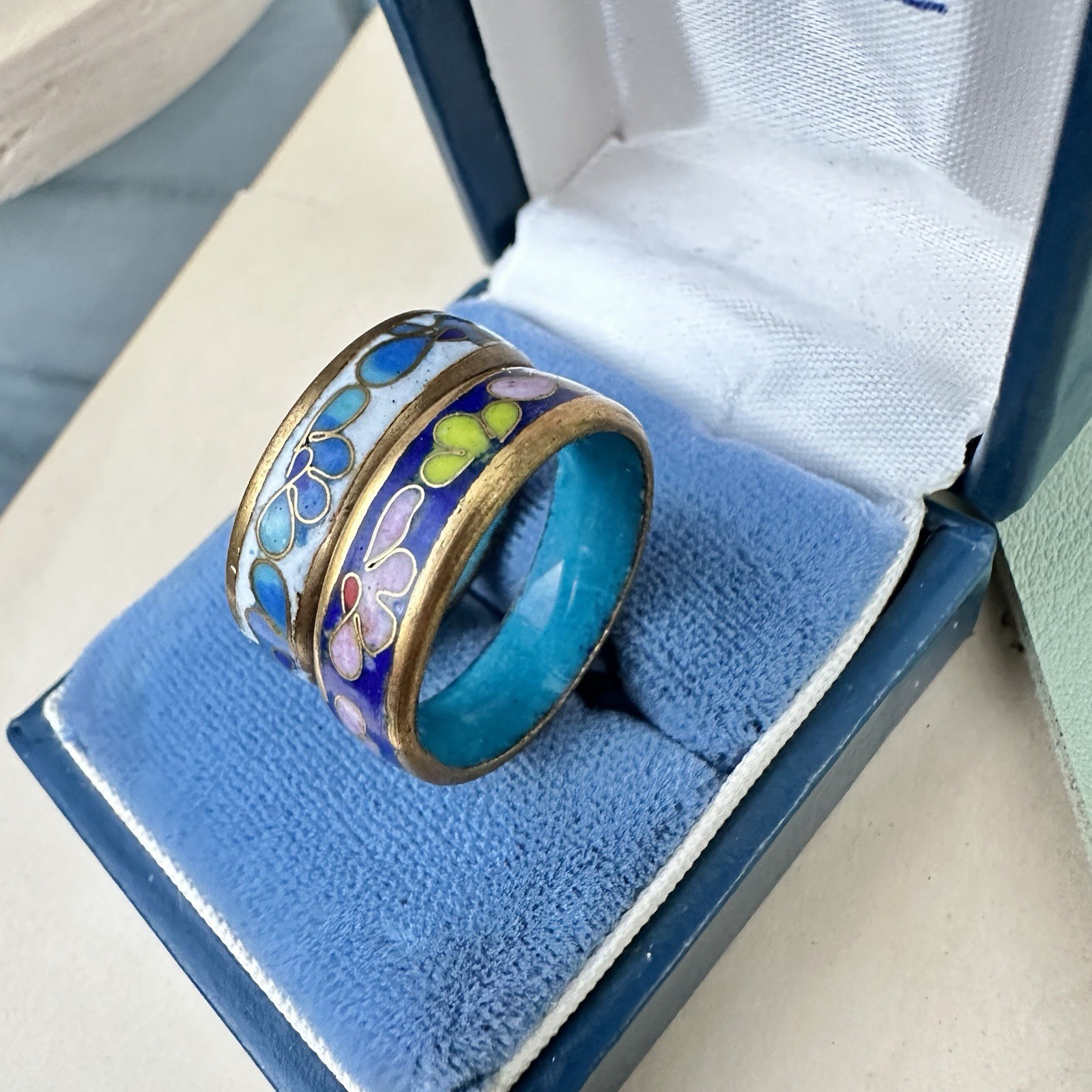 Vintage Cloisonné Enamel Ring Stack Floral Pink Blue White Pastel Band Rings 7
