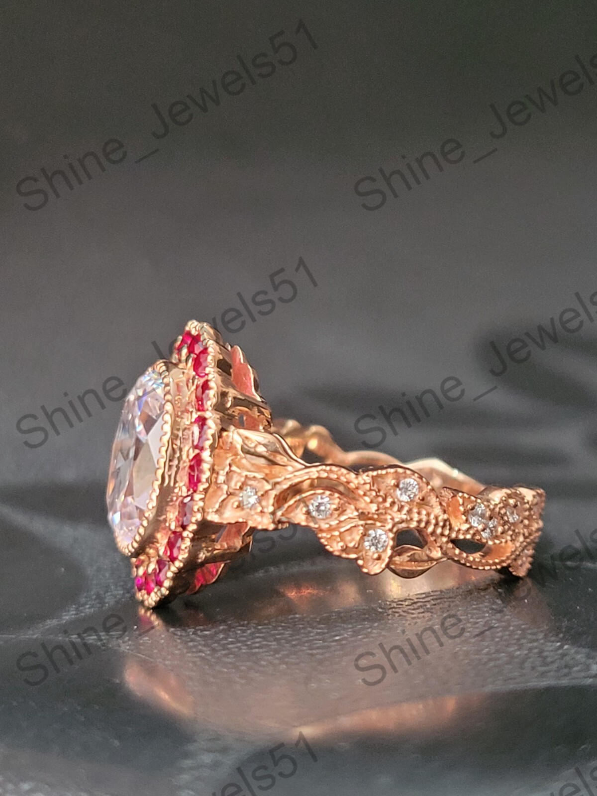 Art Deco Oval Cut Lab Created Diamond & Ruby Halo Wedding Bridal 925 Silver Ring