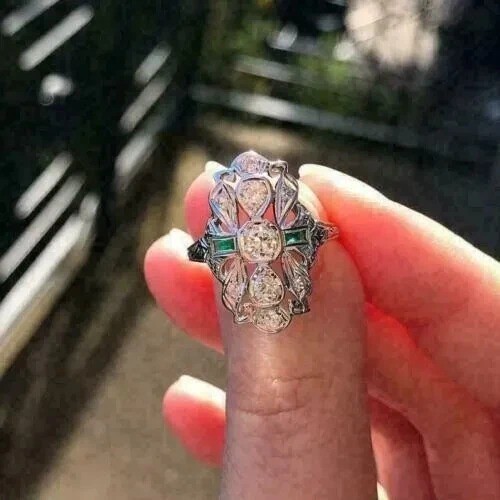 Vintage Art Deco Style Lab Created Diamond Engagement 14K White Gold Finish Ring