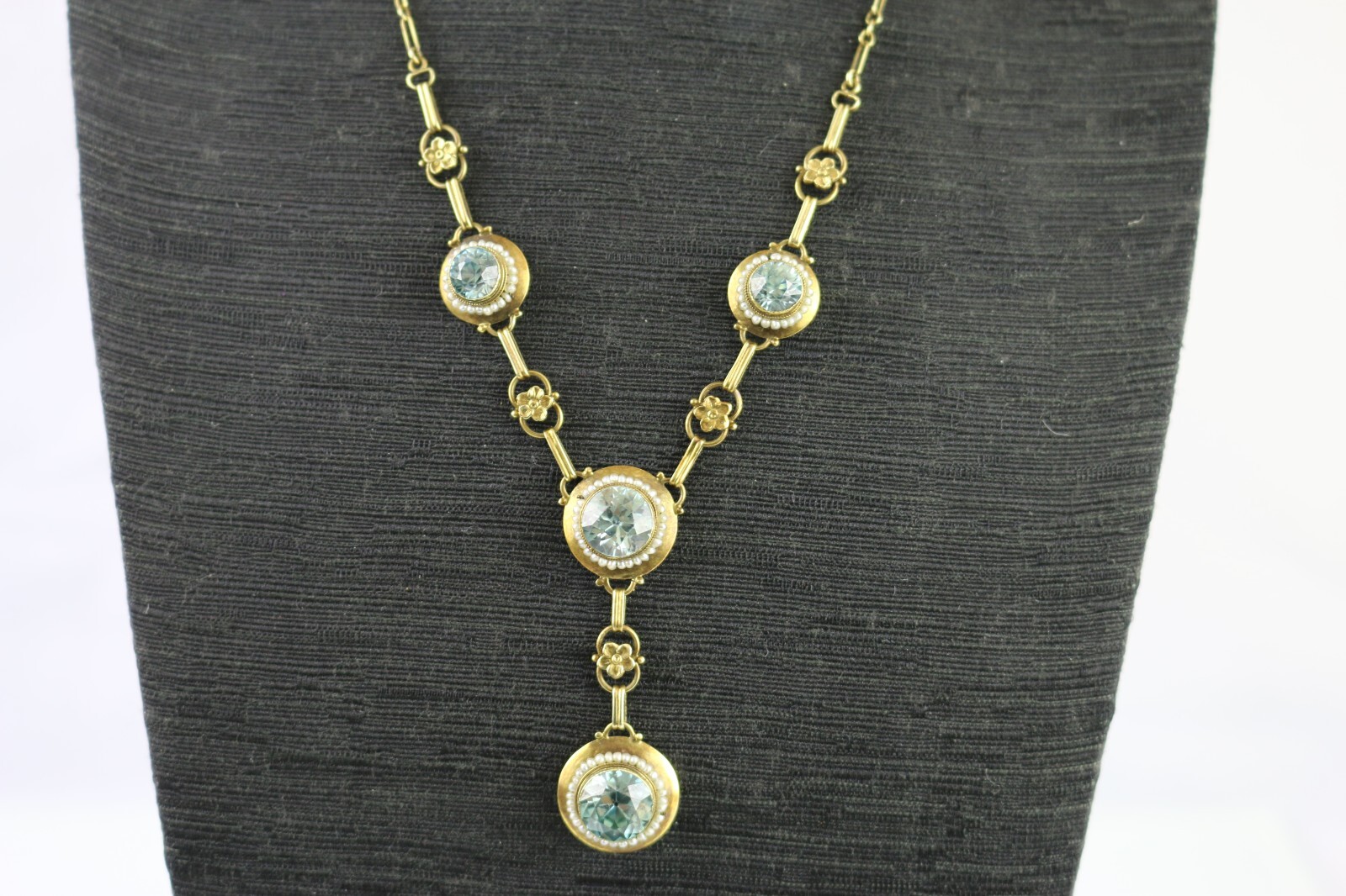 Antique Edwardian 14K Gold Round Vivid Blue Zircons with Seed Pearls Necklace