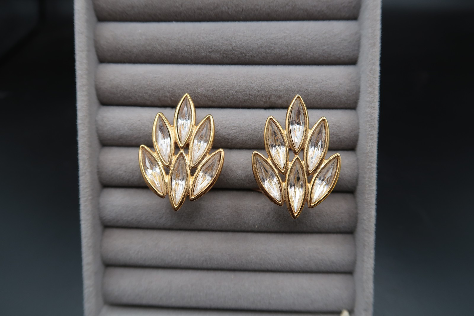 Vtg Yves Saint Laurent Spiked Leaf Design Crystal Earrings Signed Beautiful