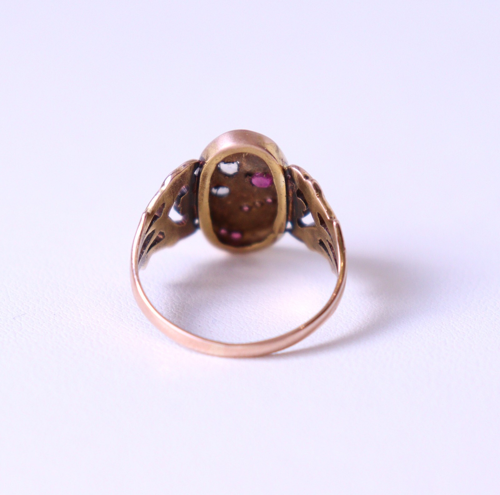 Antique Vintage 14k Rose Gold Ring Rose Cut Diamonds Ruby and Simili NO TARIFF