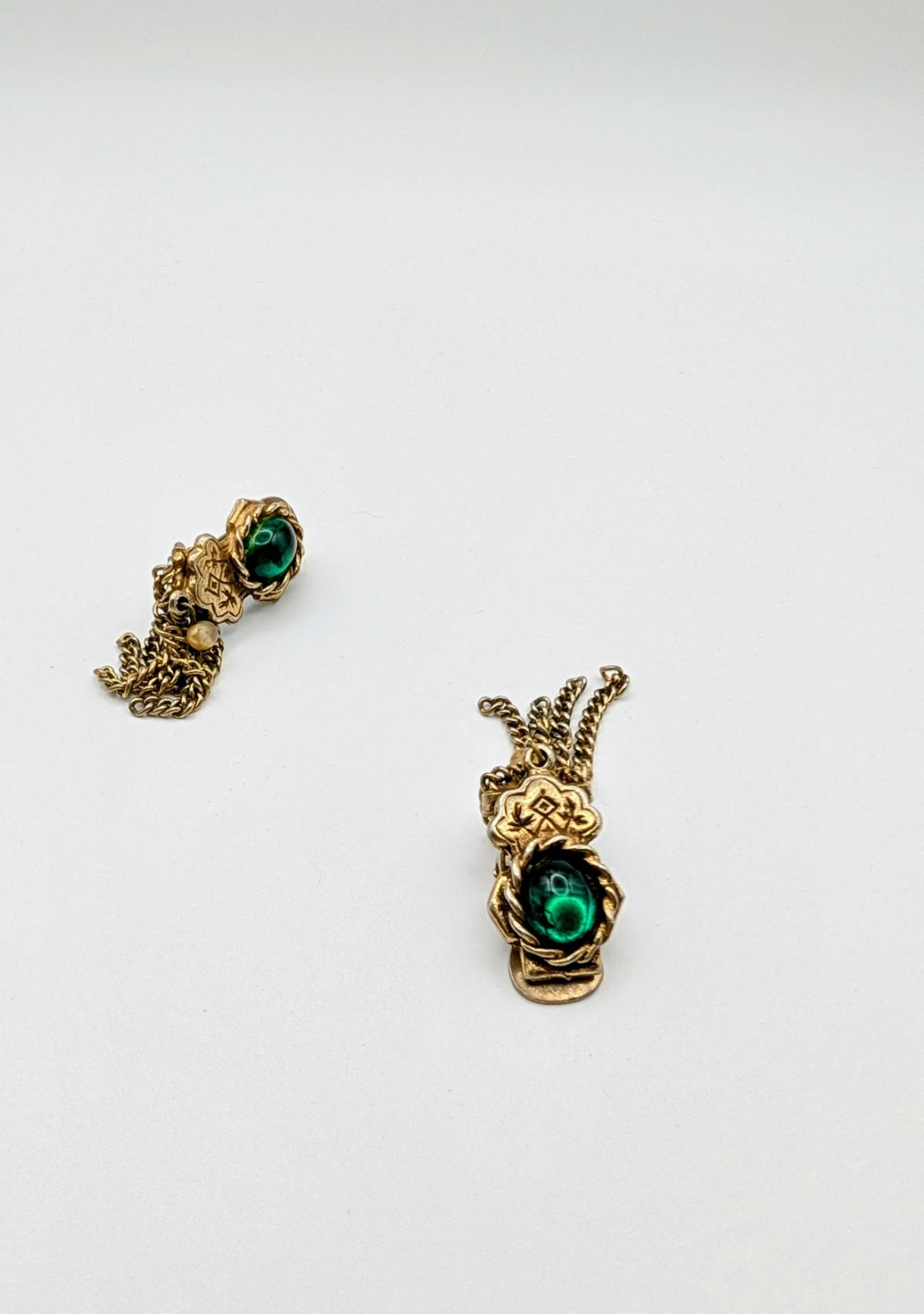 Vintage 1960s Gold Tone Tassel Clip On Earrings With Green Cabochon