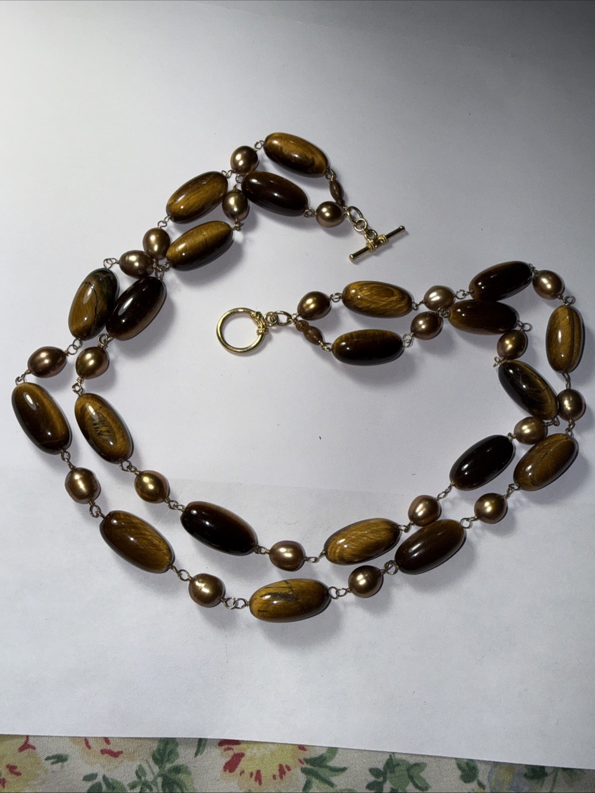 Necklace 2 Strand Tiger’s Eye Cultured Pearl Vermeil Toggle Clasp Vintage Unused
