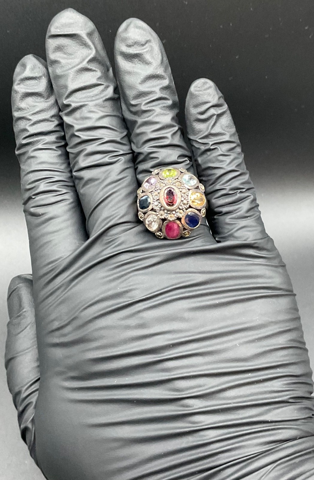 Sterling silver vintage Navaratna princess ring size 9 Thailand multi stone