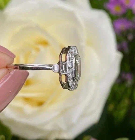 Art Deco Style 3Ct Emerald Cut Lab Created Diamond 14K White Gold FN Gift Ring