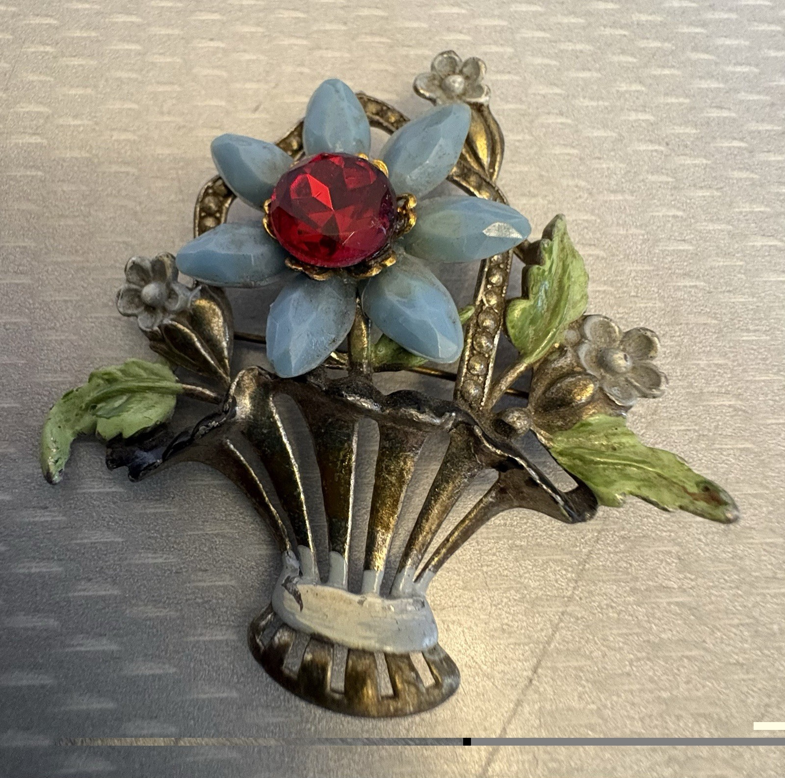 40s Vintage Flower Basket Brooch Enamel Pot Metal Blue Celluloid Petals 2.75″