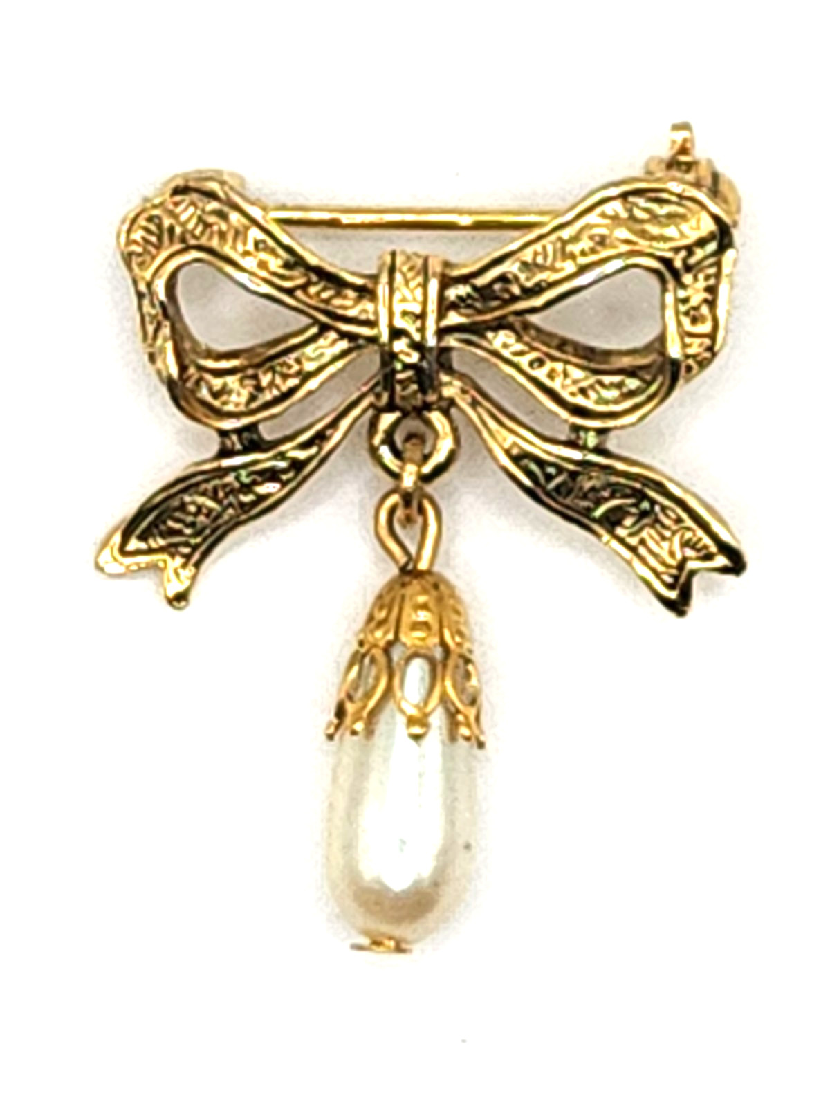 Victorian Revival Style Embossed Bow Brooch w Pendant Teardrop Faux Pearl Drop