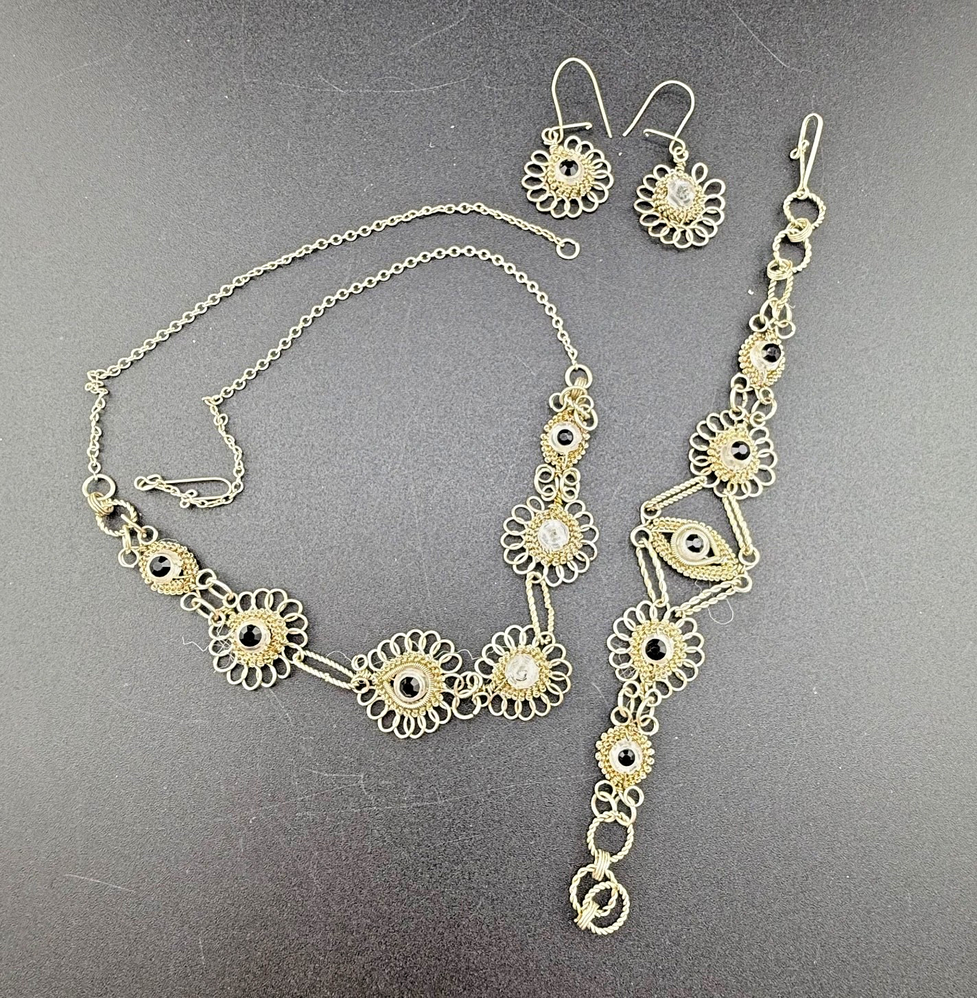 Vintage Filigree Necklace Bracelet Earrings Open Work Rhinestones 7” 19”