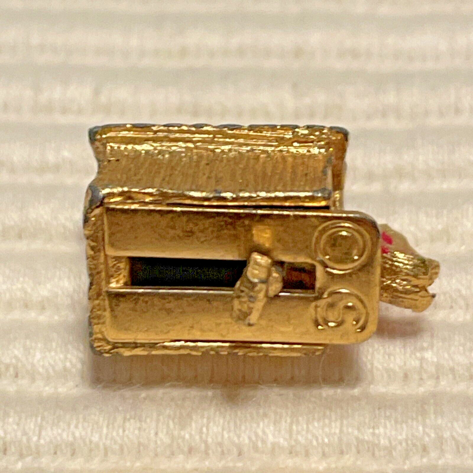 1960’s Man in Doghouse Goldtone Bracelet Charm Mechanical Signed C S Red Paint
