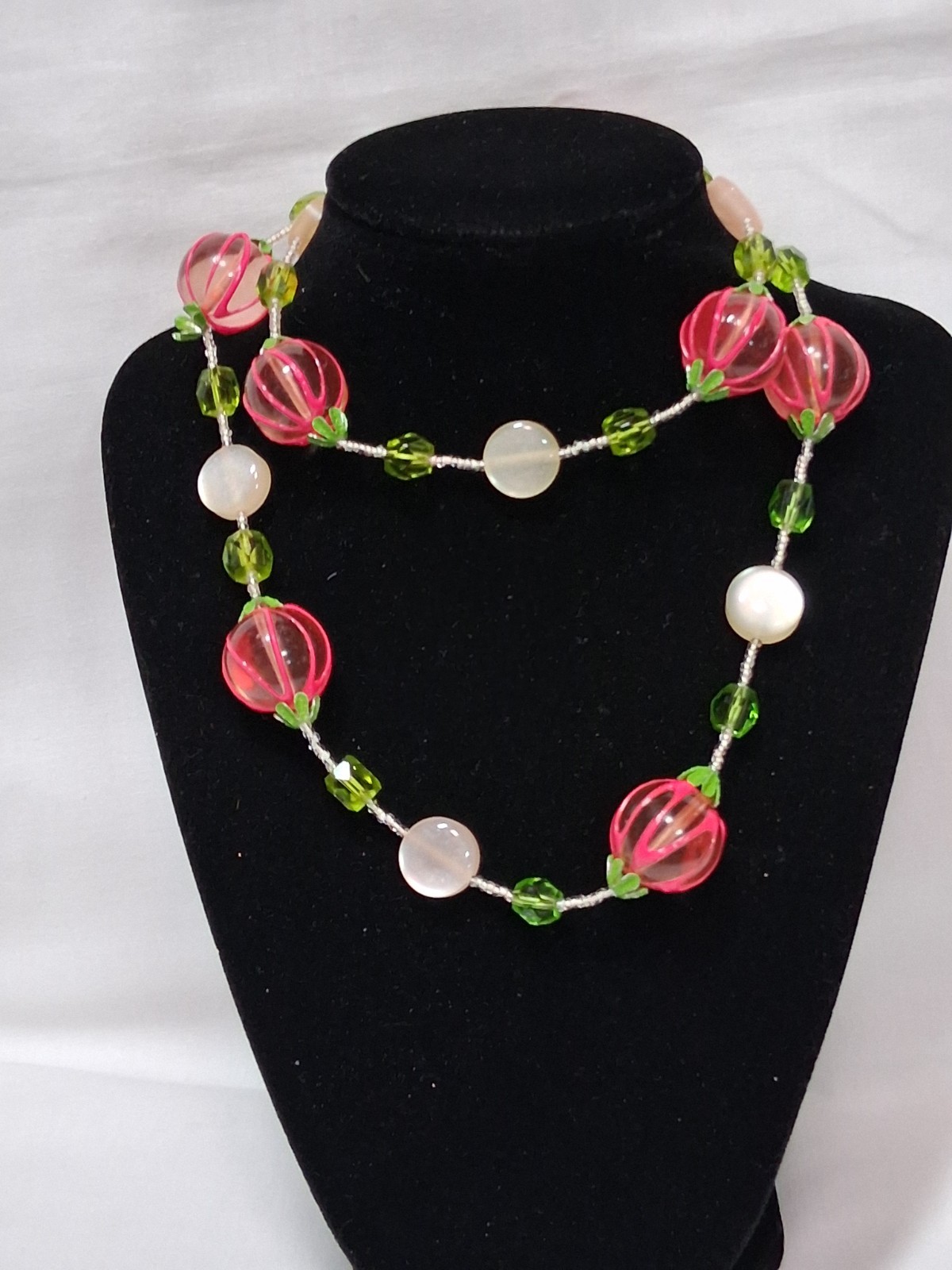 VTG Fruit Japan Necklace Pink Lucite/Acrylic beads And Green MELON BALLS