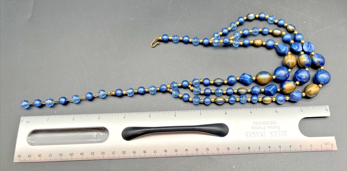 Vintage 3 Strand Cobalt Blue Lucite Bead Choker Bib Necklace (Japan/Hong Kong)