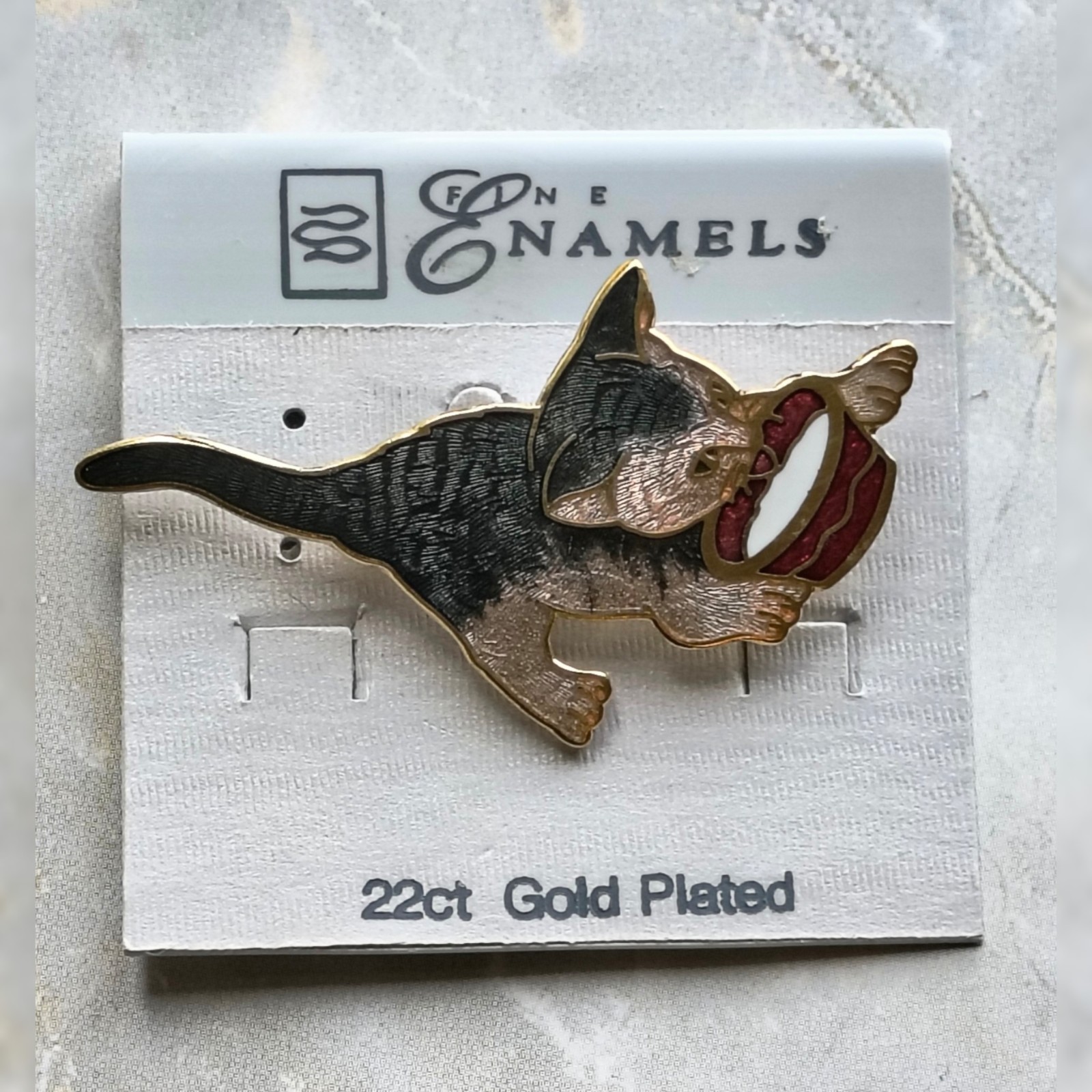 Vintage Kitten Enamel & 22K Gold Plate Cat Brooch Drinking Milk Gray Black