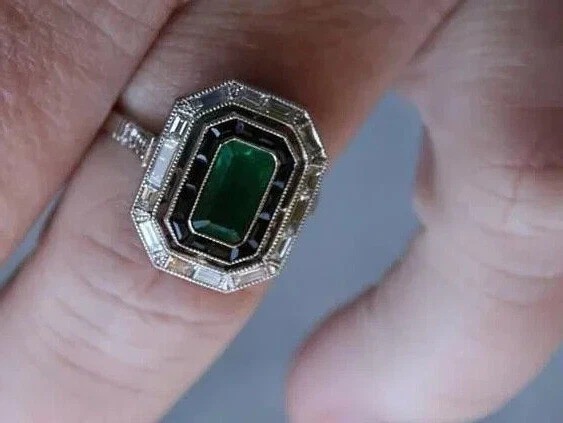 4Ct Vintage Art Deco Style Lab Created Emerald Engagement 14K White Gold FN Ring