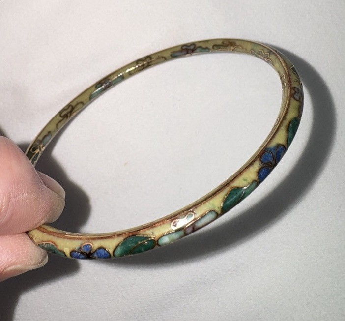 Vintage Cloisonne Floral Bangle Bracelet Enamel Gold Tone Yellow Green Pink Blue