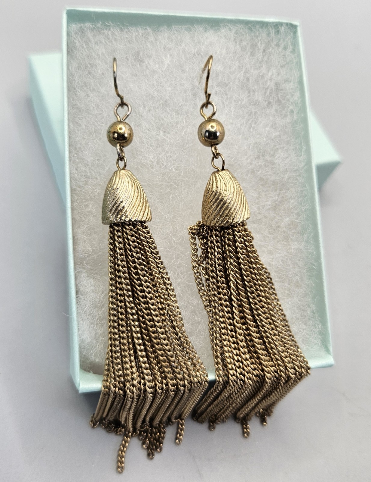 Vintage Tassel Earrings Gold Tone Hook Chain Dangle Runway Statement Long 3.5″