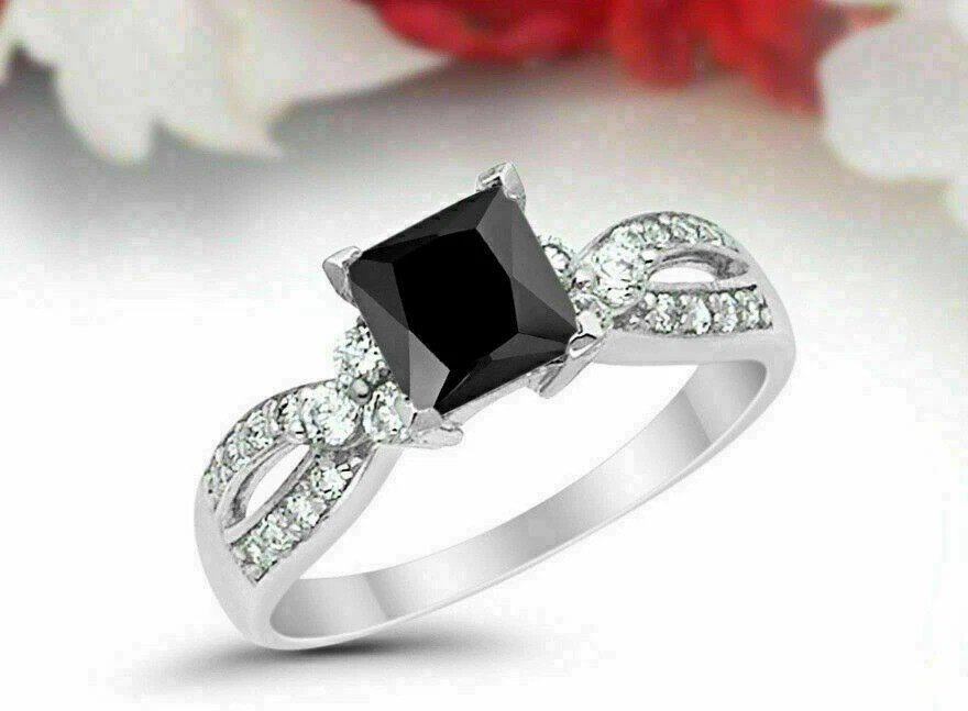Princess Cut Black Onyx Lab Created Diamond Wedding 14Ct White Gold Finish Ring