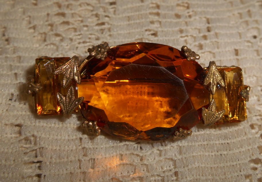 Art Deco Czech Amber Glass Brooch Brass C-Clasp Bohemian Vintage Pin