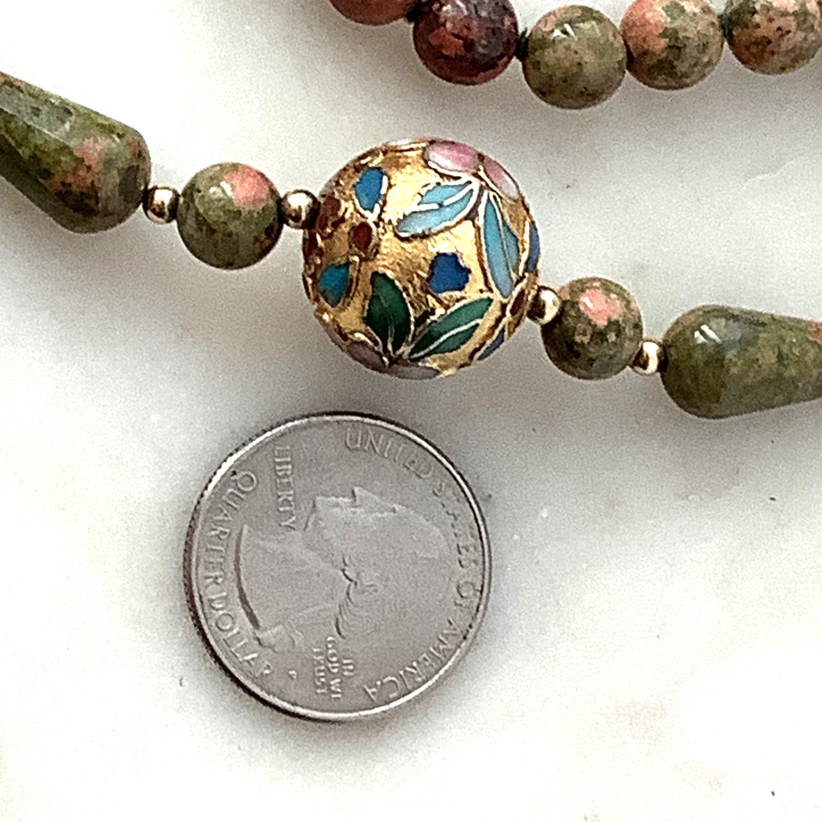 Vintage Beaded Necklace Chinese Champleve Cloisonne Jasper Opera Length 30″