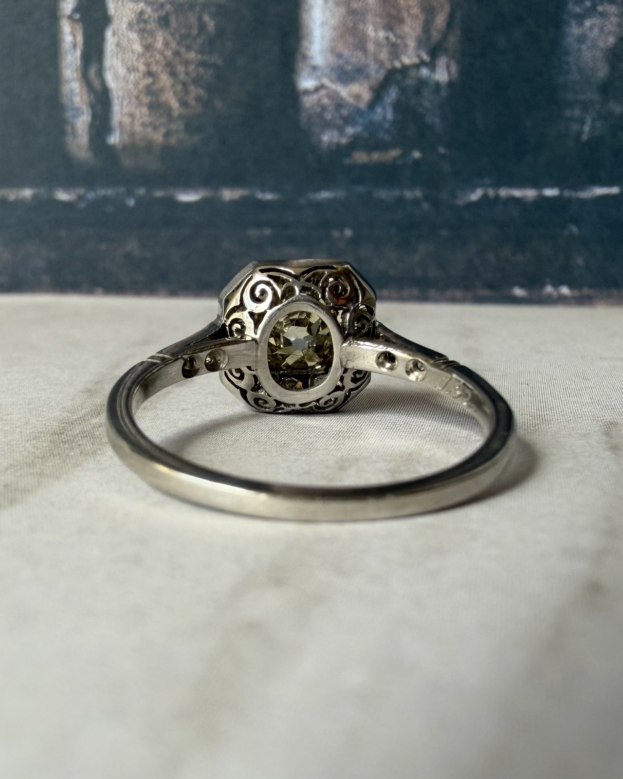 Art Deco-Inspired Platinum Fancy Light Yellowish-Brown Old Mine Cut Ring