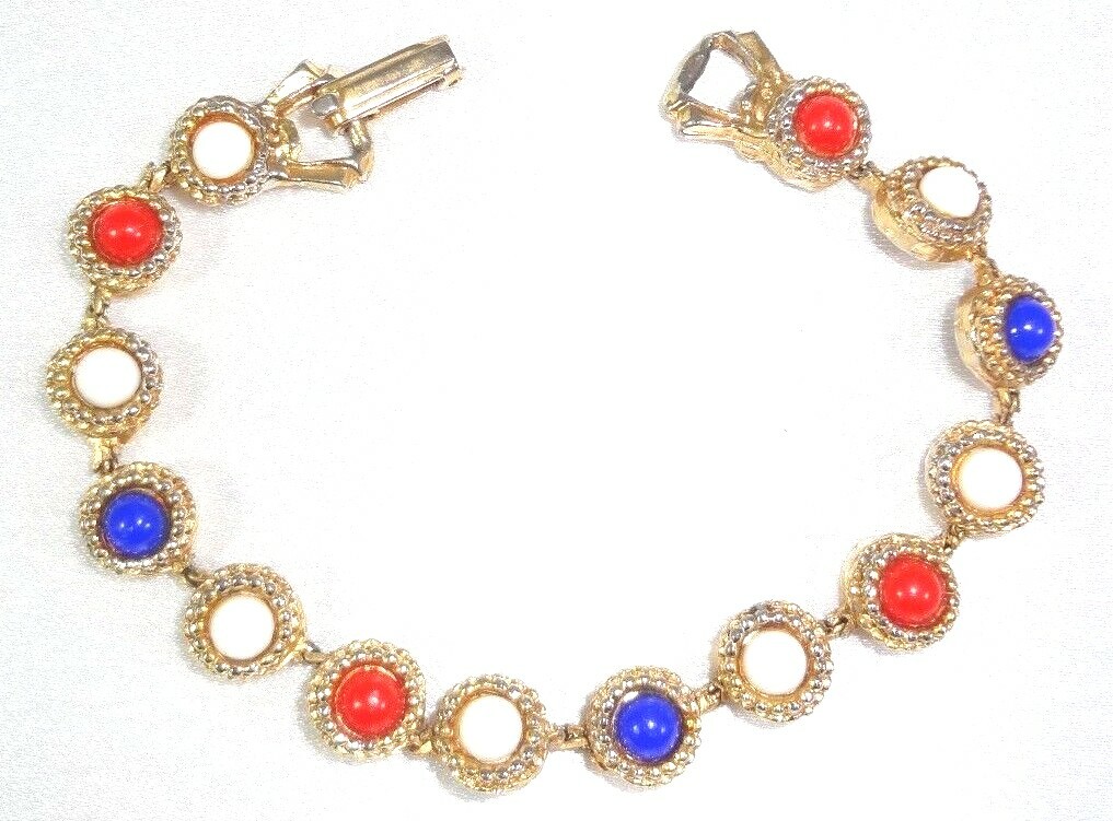 VTG Circa 1960’s LJM LAURENTIAN JEWELLERY MF CO Red White Blue Cabochon Bracelet