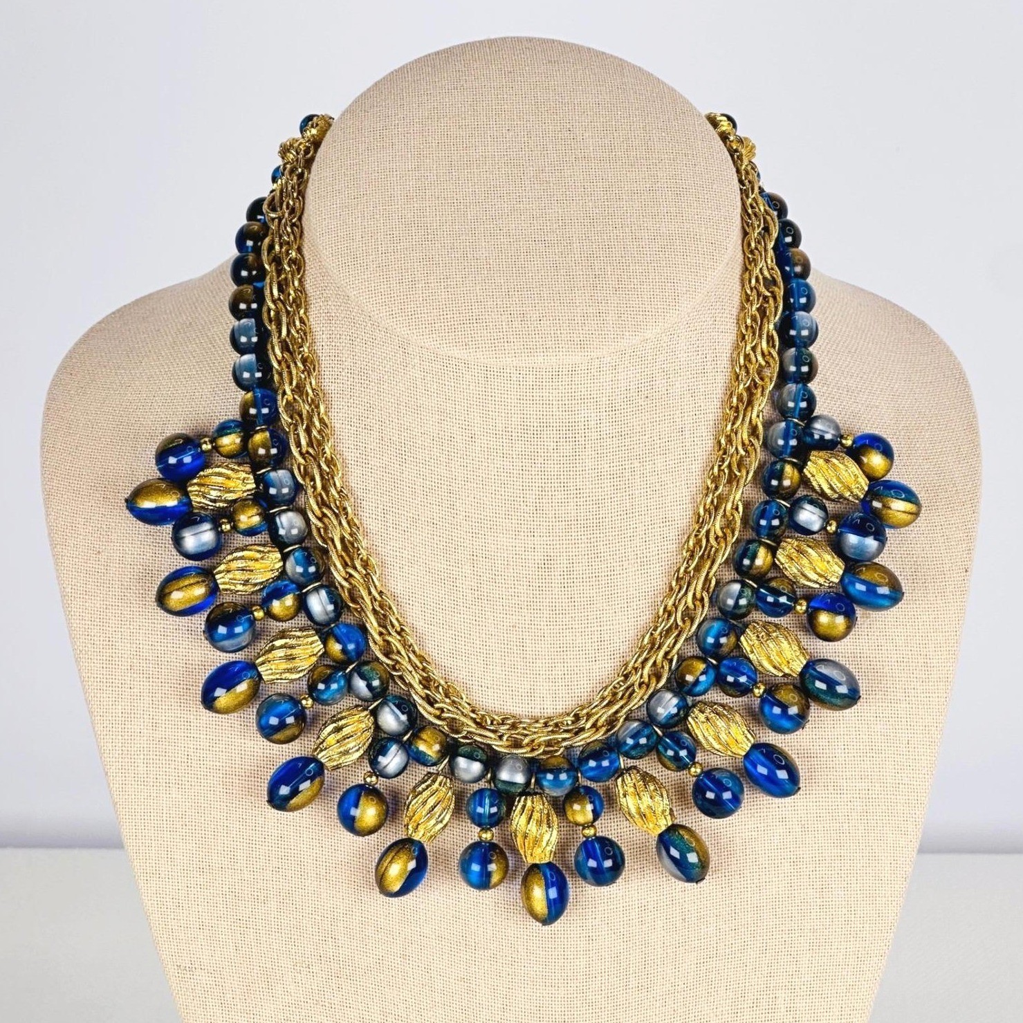 Vintage 1950s Kramer Blue Gold Tone Triple Strand Beaded Statement Necklace