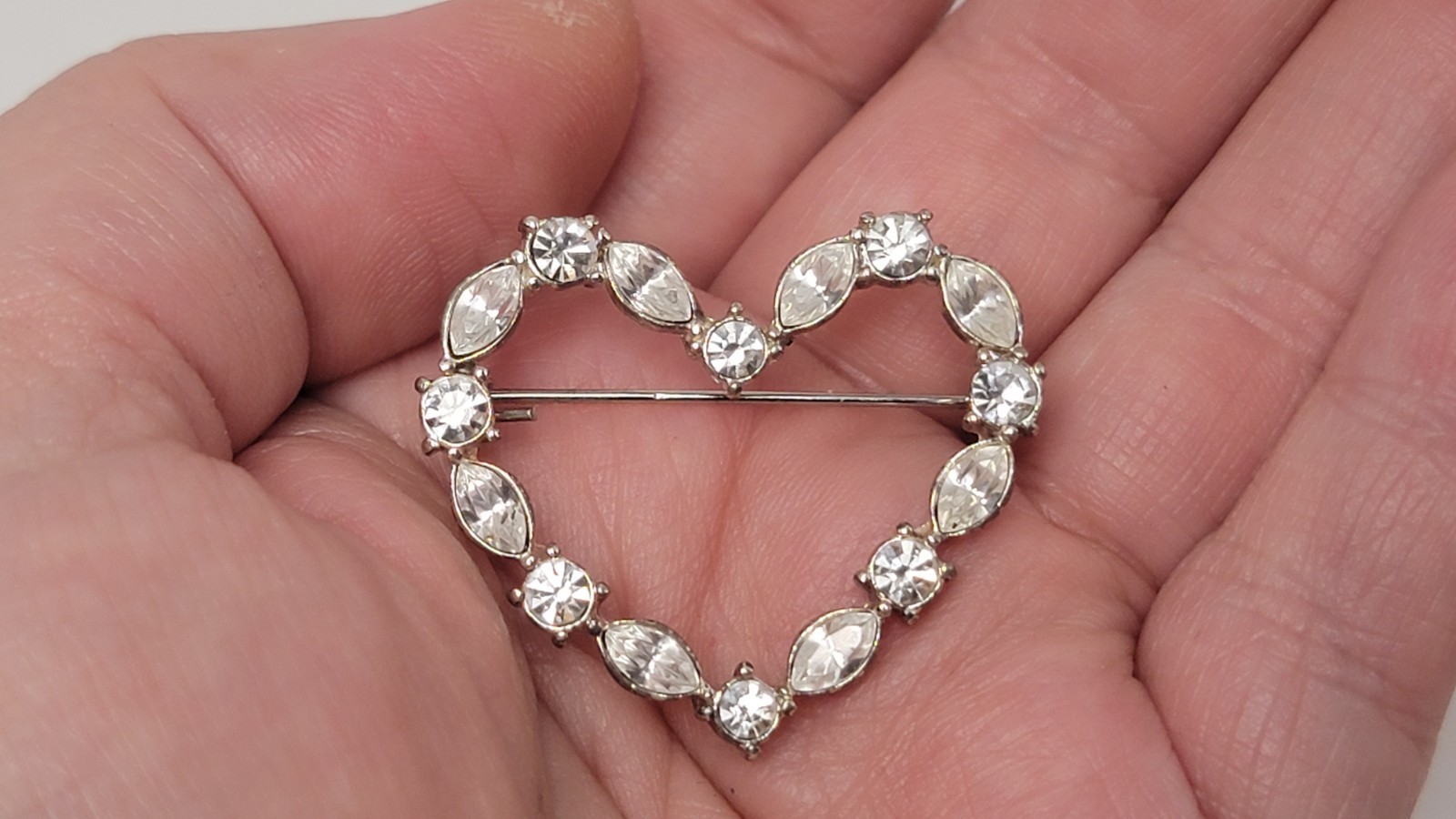 Navette & Round Rhinestones Heart Shaped Brooch Pin Silver Tone