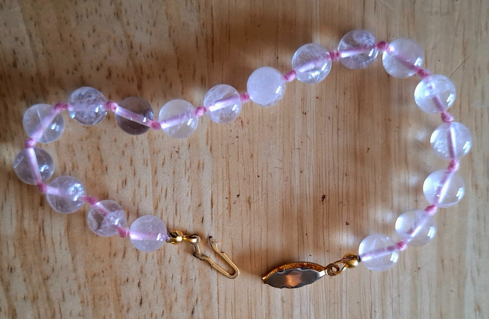 Vintage Jewelry Hand Knotted Rose Quartz Round Beads Bracelet Fishhook Clasp
