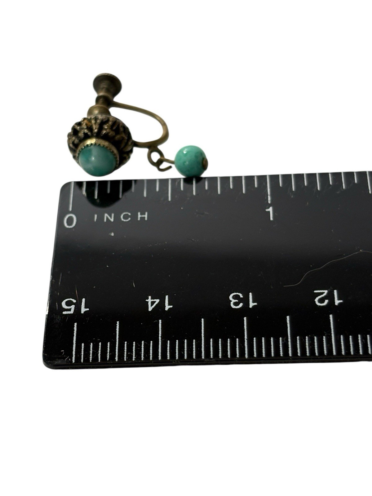 Vintage Marbled Teal Earrings Brass Tone Beaded Plastic Screw Back Dangle MCM