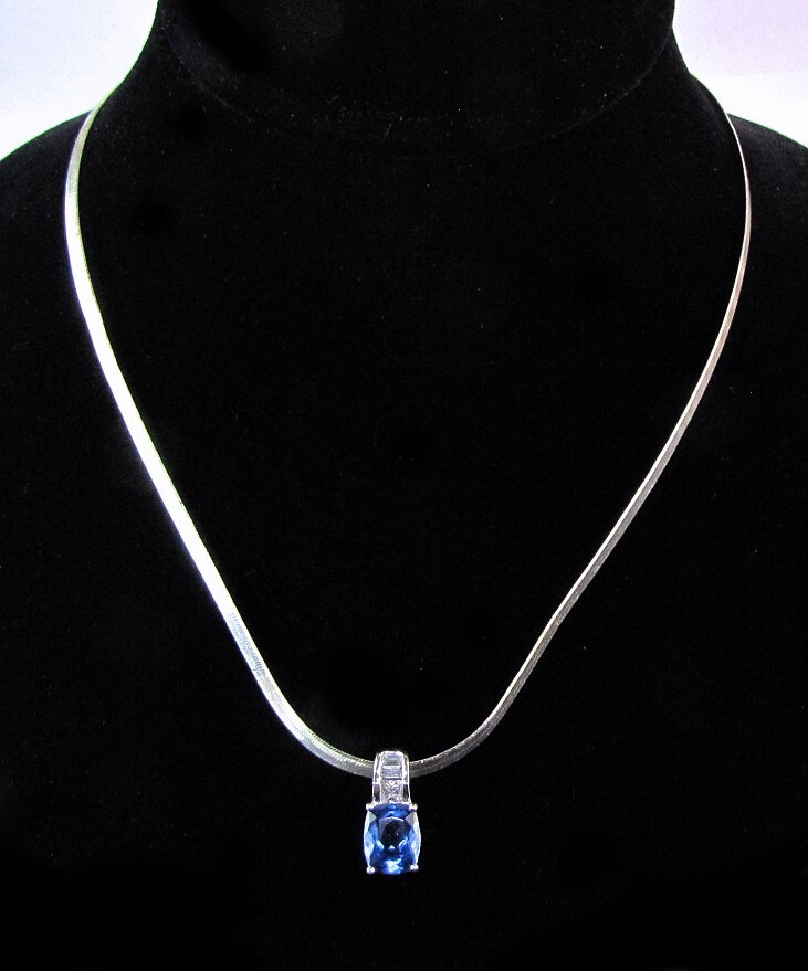 Purple CZ Pendant Necklace Vintage Sterling Silver 19″ Herringbone Chain 4mm