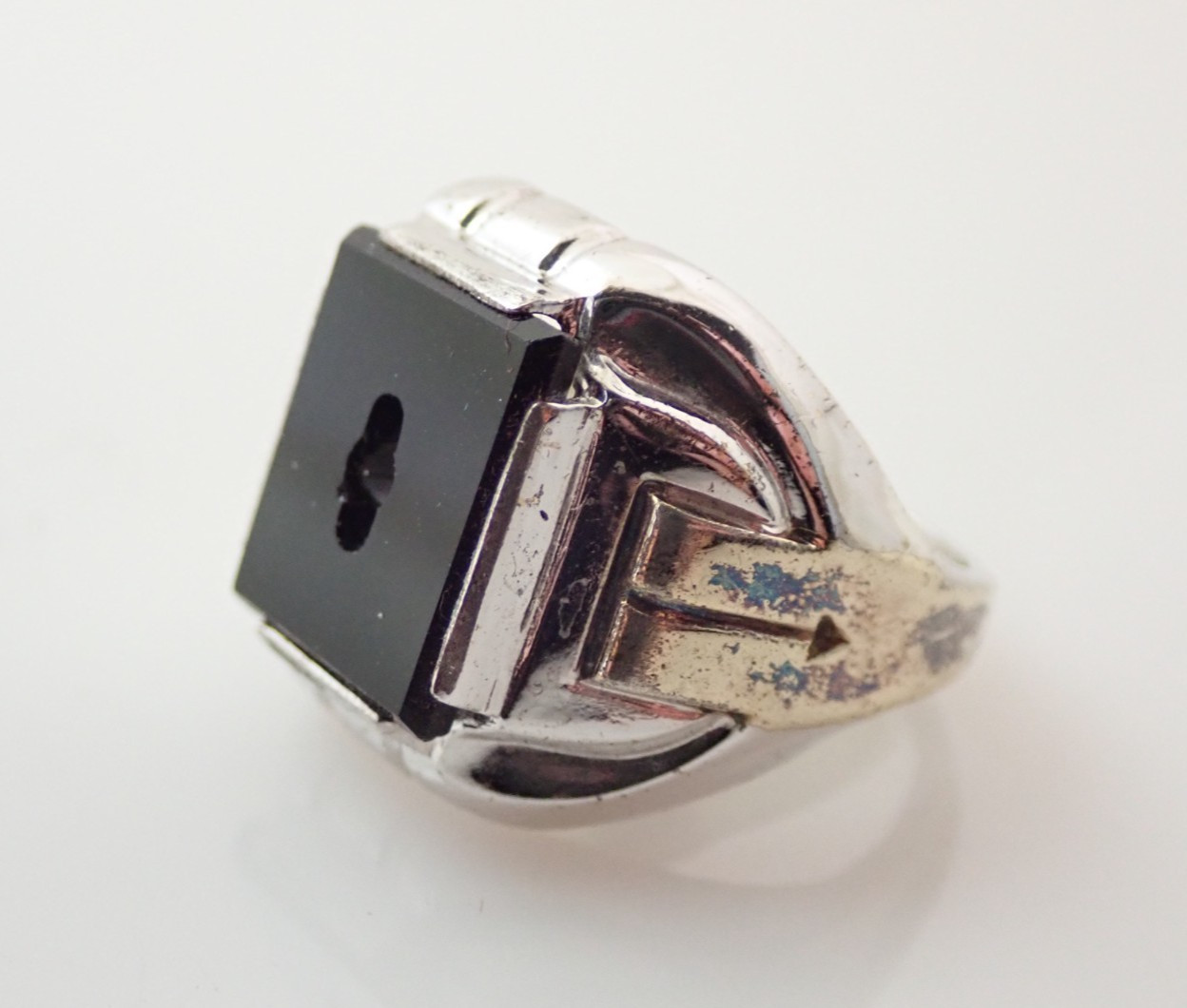 Vintage Deco Clark Coombs Sterling Onyx Signet Initial Emblem Ring NOS 6