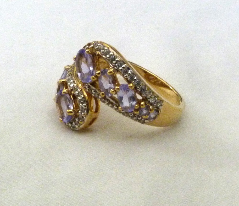 BBJ GOLD OVER STERLING SILVER AMETHYST WHITE ZIRCON GEMSTONE RING SIZE 8.5