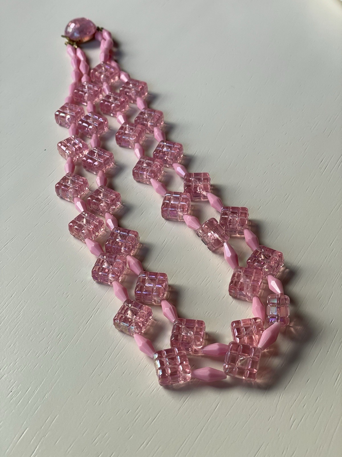 Vintage Austria pink acrylic/lucite double strand statement necklace quilted
