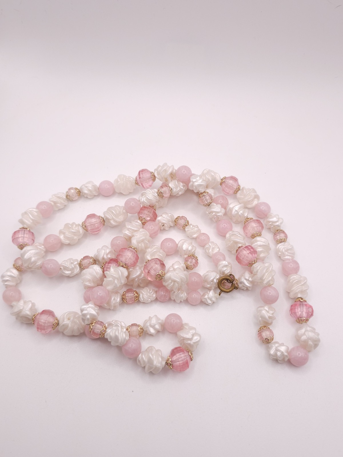 Mid Century Pink White Molded Flower Bead Garden Party Necklace Long Strand