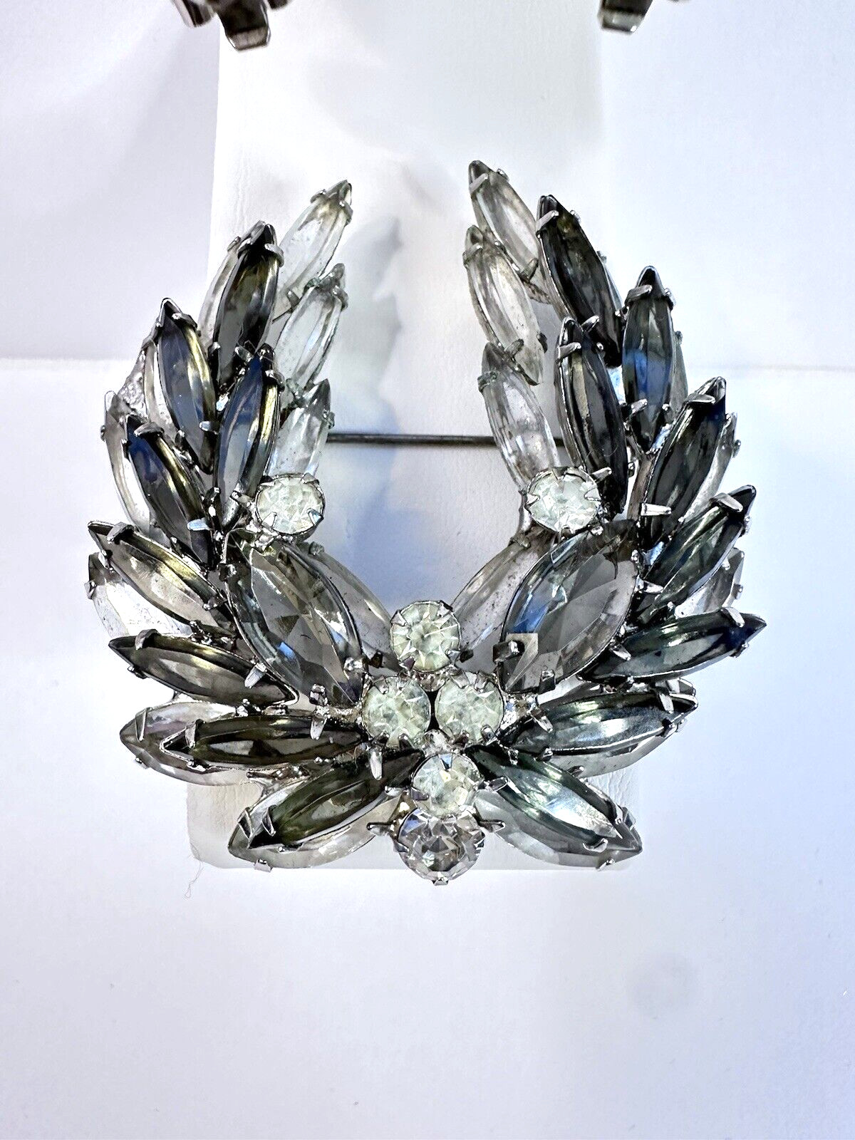 VNTG Juliana Silver Tone Icy Light Dark Grey Navette Rhinestone Brooch Earrings