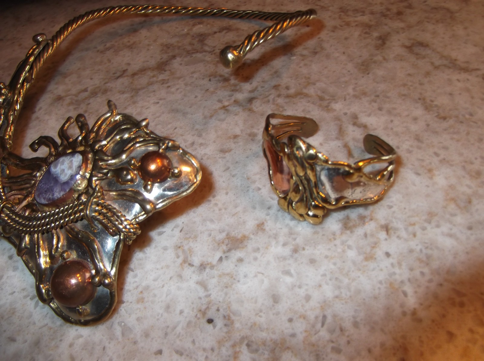 Vintage Brutalist Modernist Mixed Metals Collar Statement Necklace & Bracelet