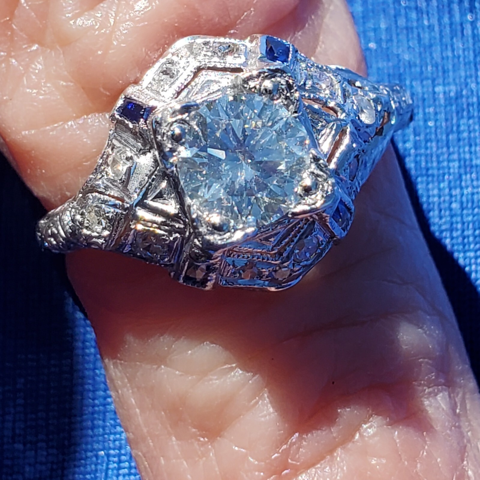Original EARTH MINED DIAMOND Deco Engagement Ring 1 ct Vintage PLATINUM Sapphire