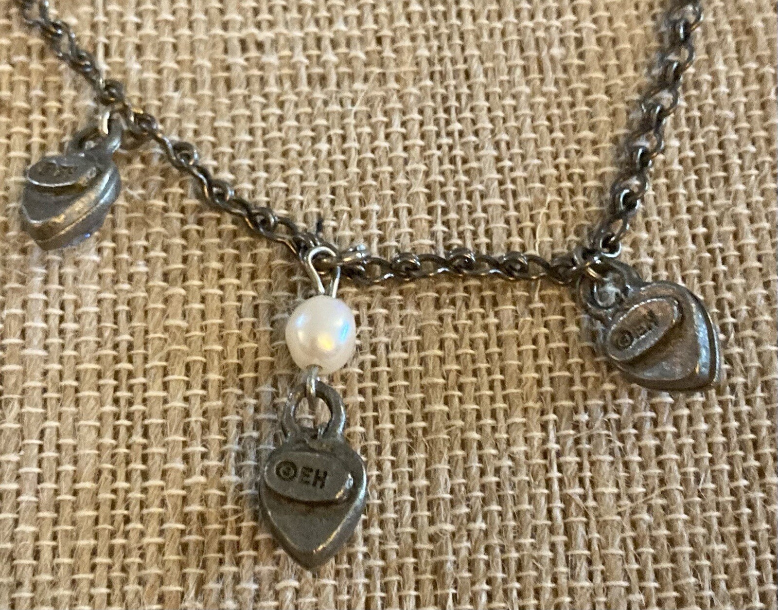 Vintg EH Elvin Hillestad Norway Necklace Crystal Hearts Pearl Charms Signed 15”