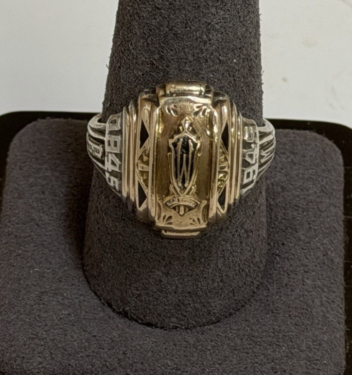 WWII 1945 Herff Jones HJ Co Sz 10 Class Ring 10.9g Sterling Silver 10K Gold Top