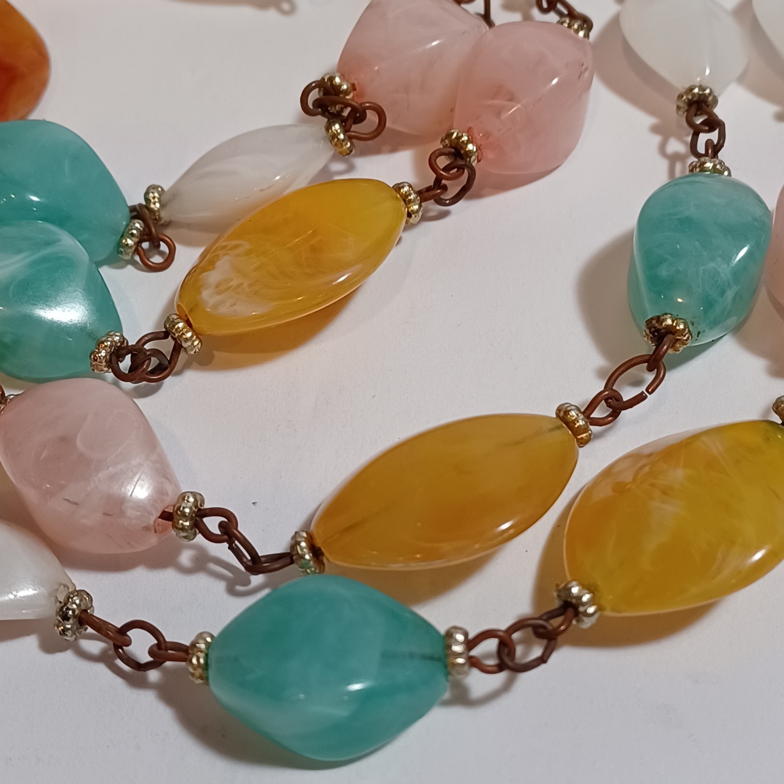 Pastel Marbled Plastic Resin Vtg Bead Chain Necklace 54in Pink, Mint, Amber, Wht
