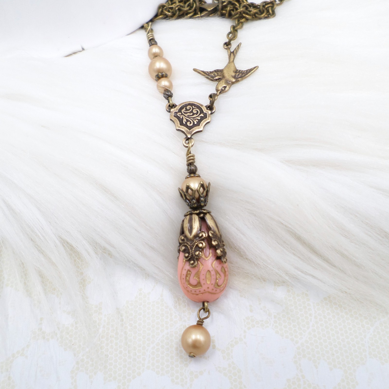 Victorian Style Brass Bird Necklace Pink Acrylic Bead Gold Pearl Handmade Unique