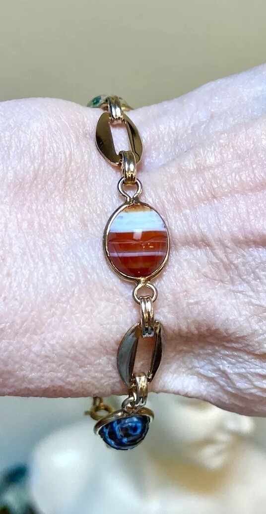 LOVELY Vintage Gold-Filled Agate, Unakite, Etc. Egyptian Scarab Bracelet