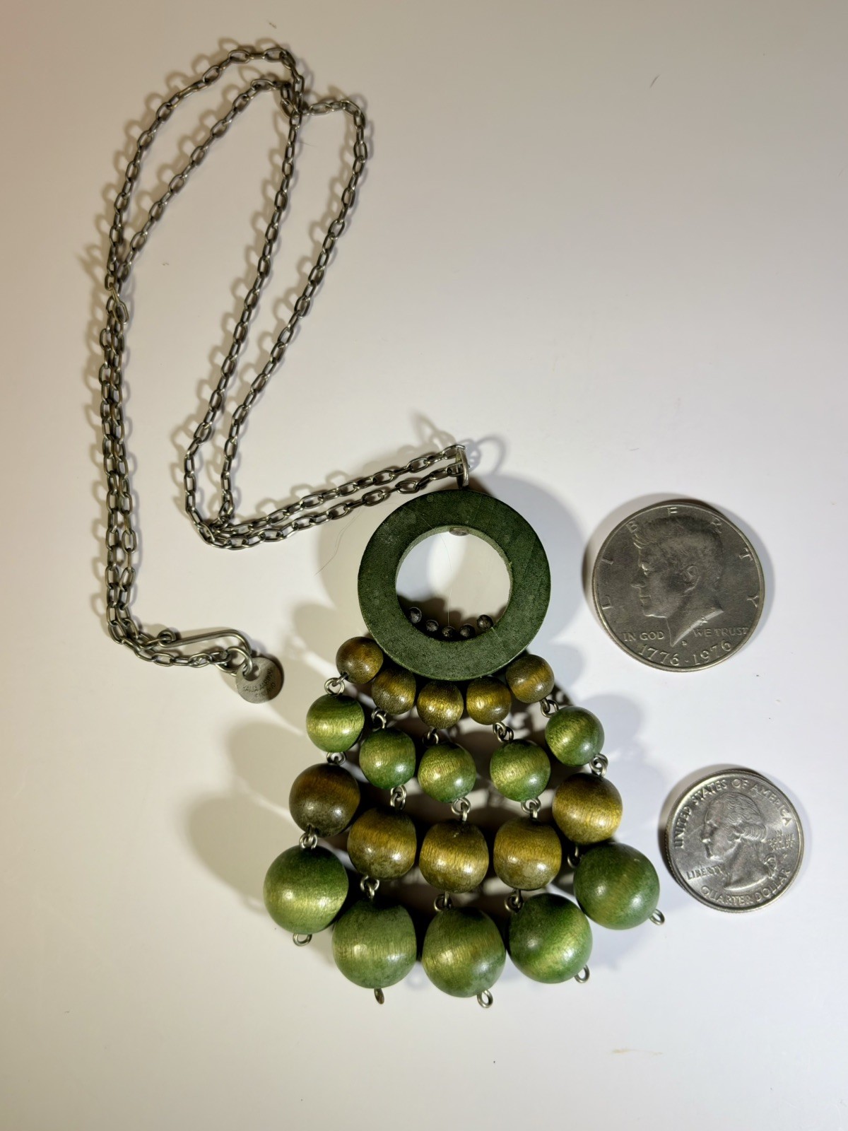 Vintage Aarikka Torikontti Green Geometric Kinetic 60s Pendant Necklace Finland